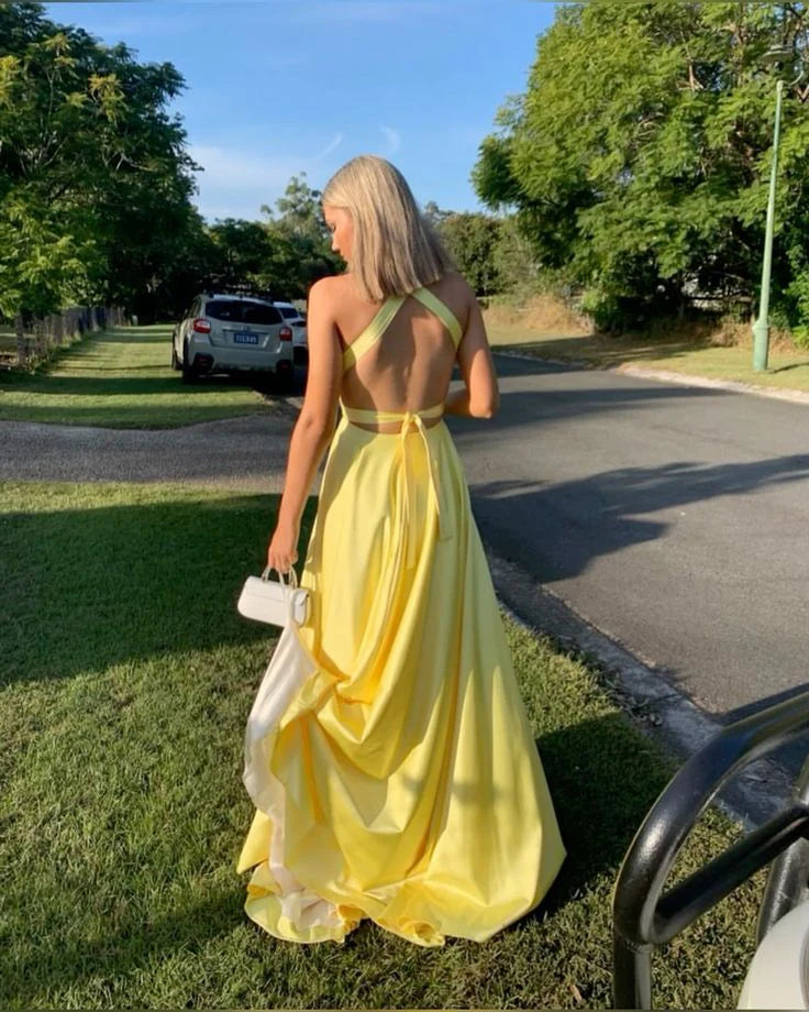Luolandi Yellow Deep V Neck A-Line Backless Formal Party Dress with Slit Formal Dress Sexy Evening Dress