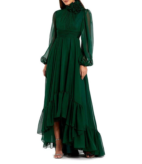 Luolandi Chiffon 3D Flower Turtle Neck Illusion Long Balloon Sleeve Ruffle Hem High Low Gown Cocktail Dresses Evening Dress
