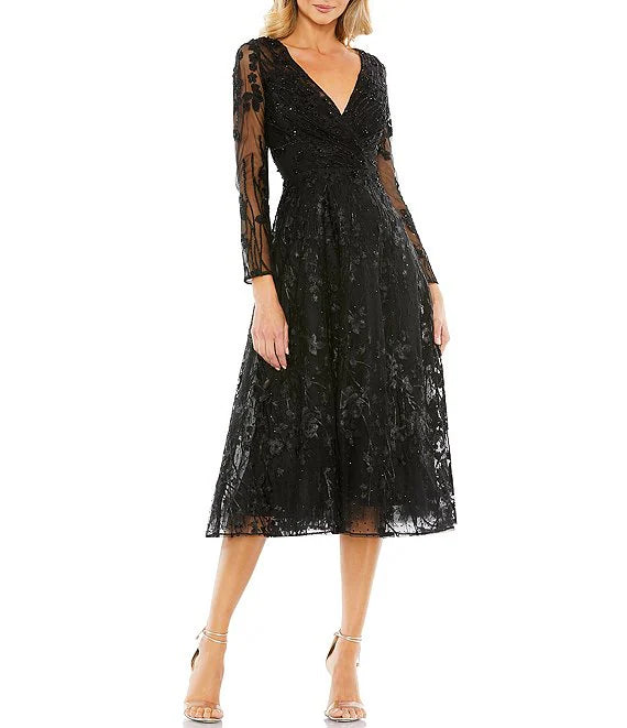 Luolandi V-Neck Embellished Floral Mesh Midi Dress Long Sleeves A-Line Cocktail Dresses Sparkly Mother of the Bride Dress