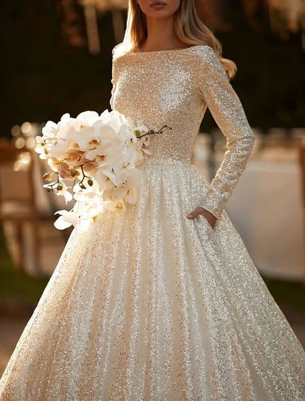 Luolandi Engagement Sparkle & Shine Formal Wedding Dresses Ball Gown Scoop Neck Long Sleeve Chapel Train Sequined Bridal Gowns