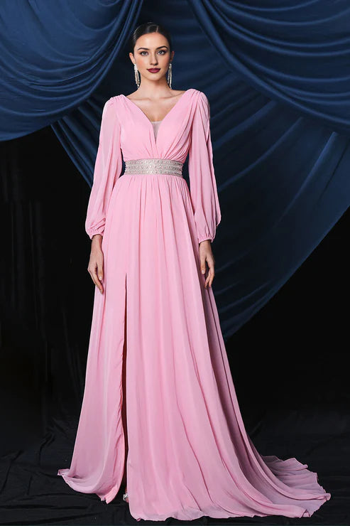Luolandi Pink Chiffon Long Sleeves Formal Prom Dress With Slit Evening Dress