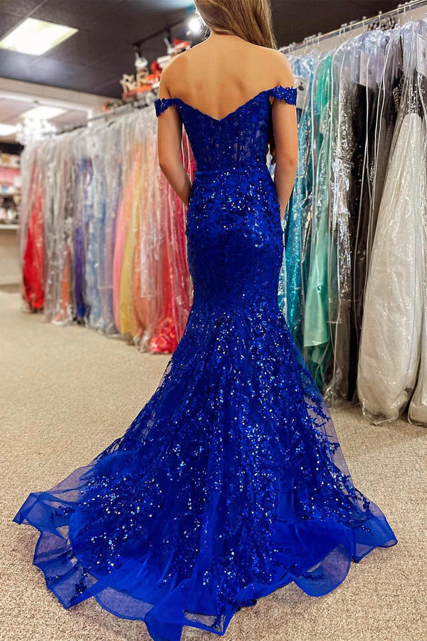 Luolandi Gold Sequin Lace Off the Shoulder Mermaid Prom Dress Sparkly Evening Dress