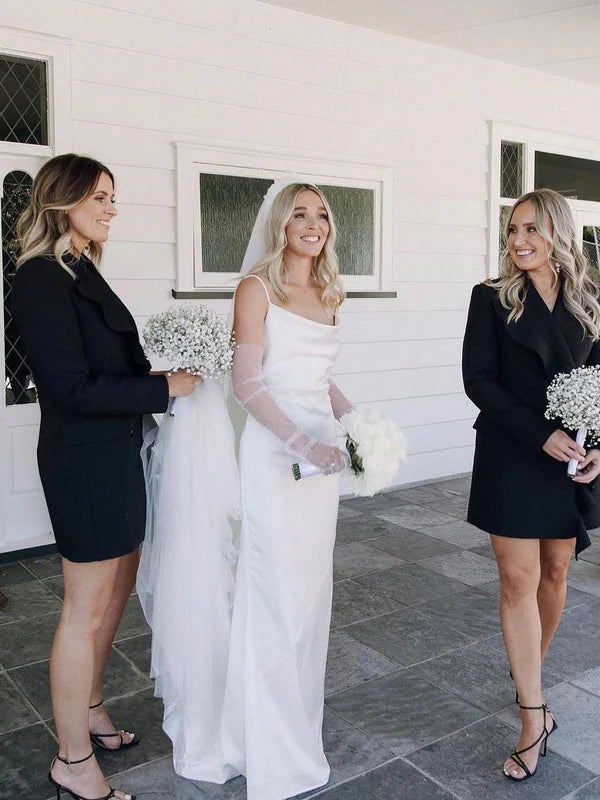 Luolandi Simple Spaghetti Straps Long Satin Wedding Dresses Solid Color Elegant Bridal Gown No With Wedding Veil