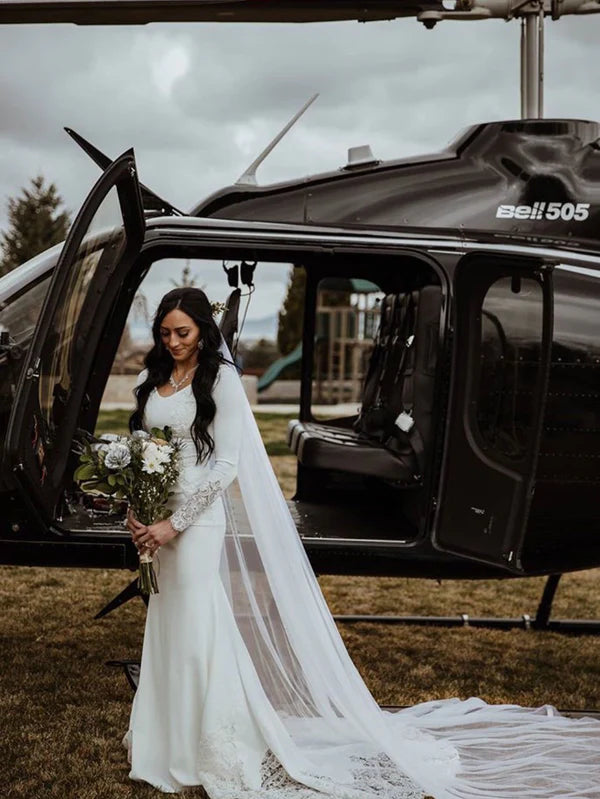 Luolandi Elegant Lace Satin Mermaid Longsleeves Appliques Sweep Train Simple Wedding Dresses