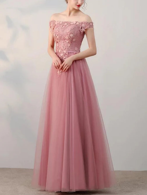 Luolandi Pink Off Shoulder Tulle Long Party Dress Bridesmaid Dress Prom Dress Elegant Evening Dress