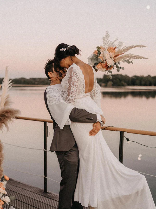 Luolandi Vintage Mandarin Sleeves Chiffon V-Neck Wedding Dresses Backless Bridal Gowns Elegant