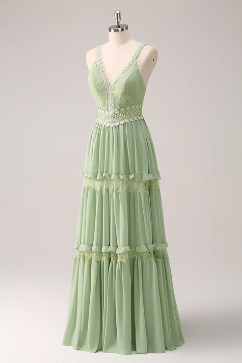 Luolandi Green Ruffled Floral Bridesmaid Dress with Lace Floor Length Party Dress