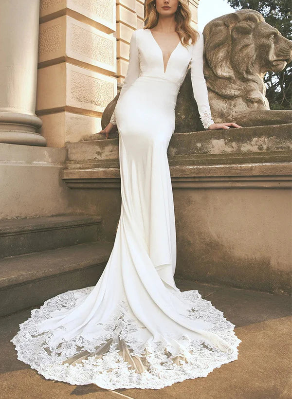 Luolandi Long Sleeves Lace/ Satin Wedding Dresses Trumpet/Mermaid V-neck Floor Length Elegant