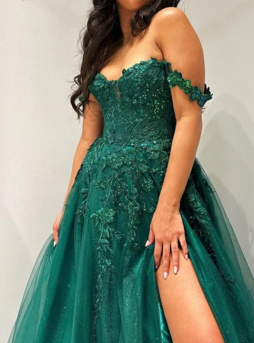 Luolandi Glitter Emerald Appliques Off-the-Shoulder A-Line Long Prom Dress With Slit