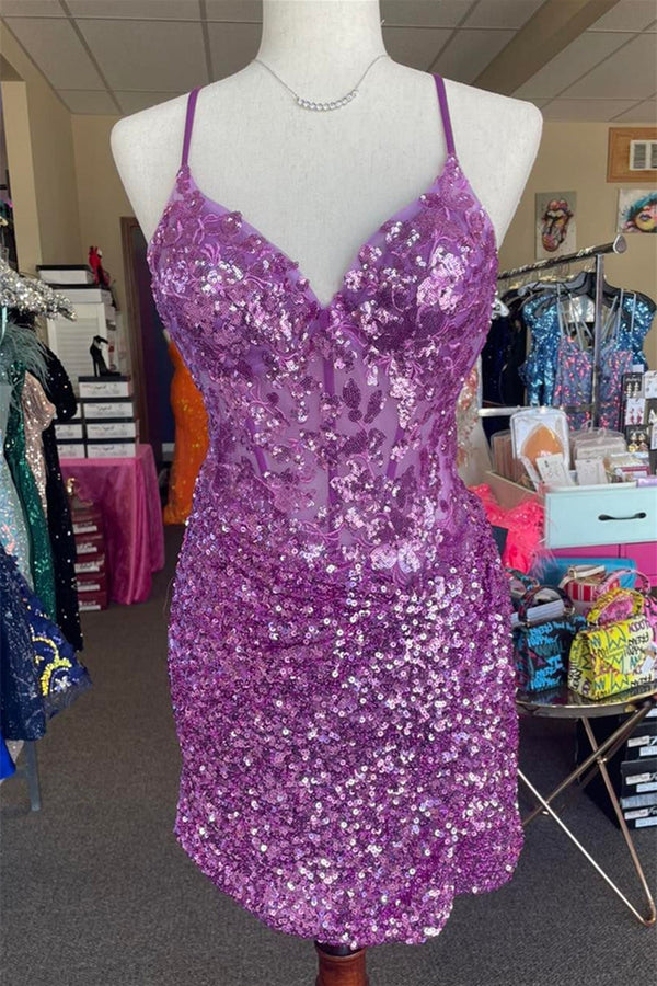 Luolandi Sparkly Bodycon Sequin Homecoming Dress with Appliques Sexy Party Dress Short Prom Dress