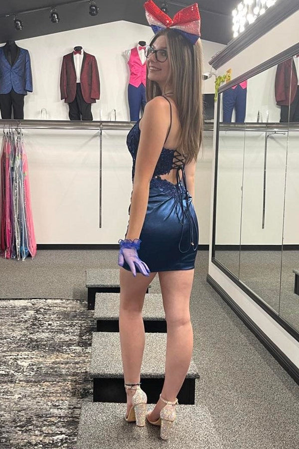 Luolandi Bodycon Satin Double Straps Keyhole Back Homecoming Dress Sparkly Party Dress