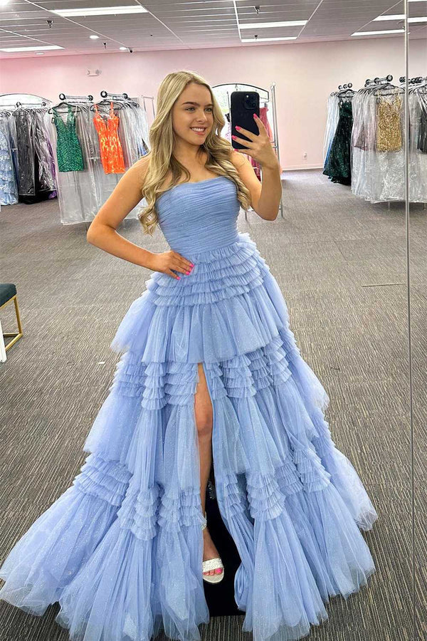 Luolandi A-Line Strapless Tulle Long Prom Dress with Tiered Ruffles Off Shoulder Evening Dress