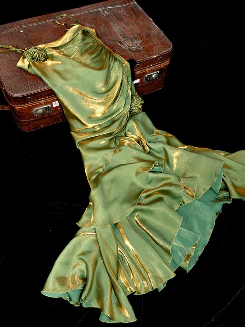 Luolandi Green Spaghetti Straps Ruffle Vintage Long Prom Dress Maxi Dress Charming Evening Party Dress