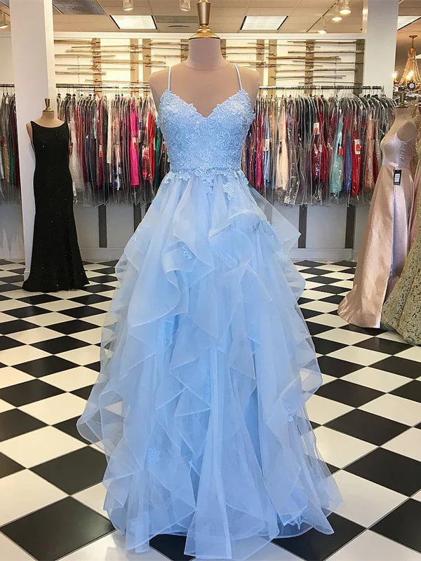 Luolandi Popular Tulle Prom Dresses Appliqued Tiered A-line Gowns Floor Length Beautiful