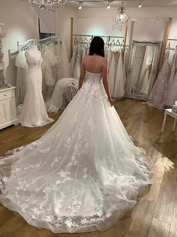 Luolandi Elegant Sweetheart Long Appliqued Tulle Wedding Dresses A-line Bridal Gowns Off Shoulder Charming