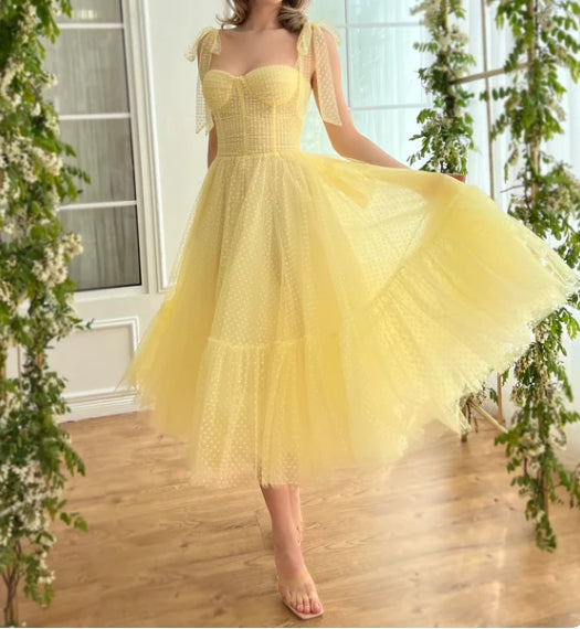 Luolandi Cute A-Line Daisy Dotted Dress Tulle Prom Dress Off Shoulder Homecoming Dress