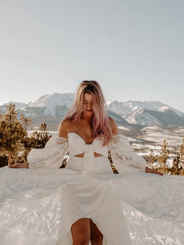 Luolandi Tulle A-Line 2 Pieces Strapless Wedding Dresses A-line V-Neck Gowns Off Shoulder Sexy