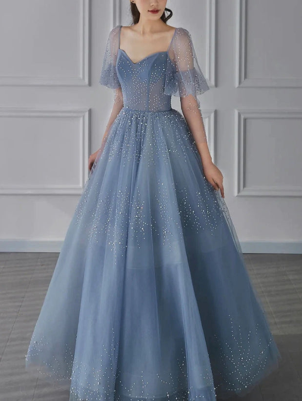 Luolandi Blue Tulle Beaded Floor Length Prom Dress V-Neck Evening Party Dress Beautiful