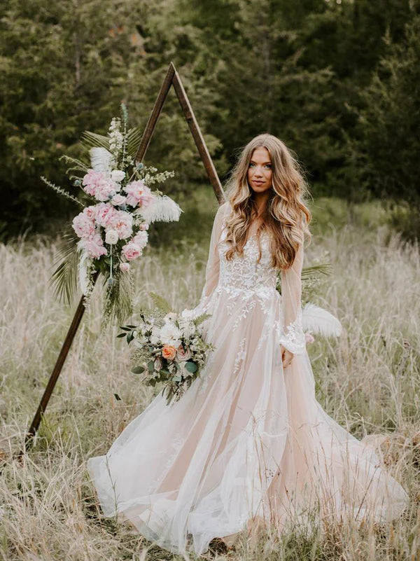 Luolandi Dreamy Long Sleeves A-line Wedding Dresses Applique Tulle Backless Bridal Gowns Charming