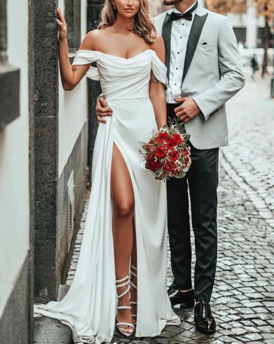 Luolandi Off-The-Shoulder A-Line Satin Wedding Dresses With Split Front Solid Color Simple Sexy Formal Dress