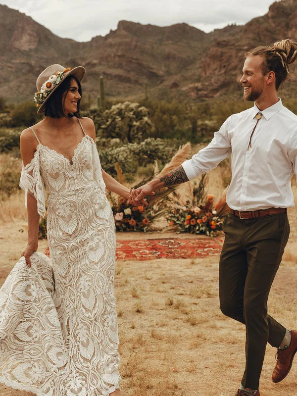 Luolandi Bohemia Lace Spaghetti Straps Chapel Train Mermaid Wedding Dress Sexy Elegant