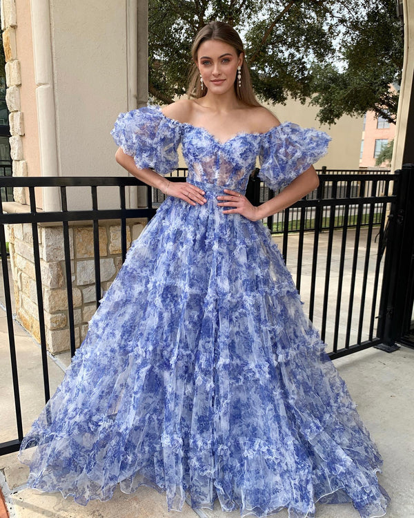 Luolandi Off the Shoulder Blue Floral Print Ruffled Tulle Prom Dress Short Sleeve Floor Length