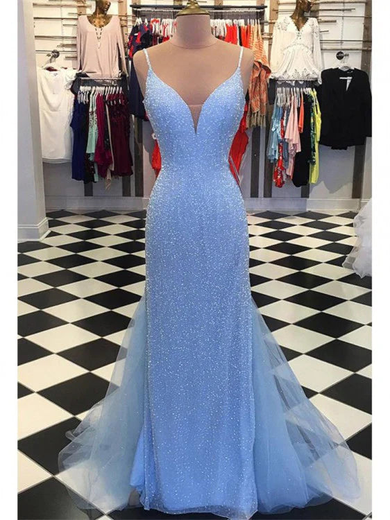 Luolandi Sparkly Tulle & Satin Spaghetti Straps Sheath Beaded Prom Dresses Sexy Evening Dress