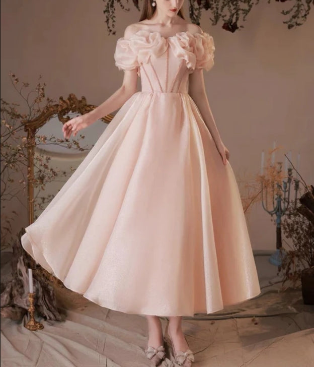 Luolandi Pink Sweetheart Beaeded Short Sleeves Party Dress Formal Dress Off Shoulder Prom Dress