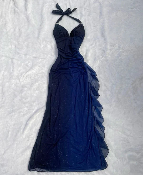 Luolandi Halter Navy Blue Long Chiffon Prom Dress Elegant Evening Party Dress Formal Dress