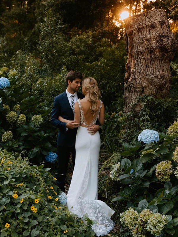 Luolandi Sexy V-neck Lace Wedding Dresses Mermaid Satin Bridal Gowns Charming