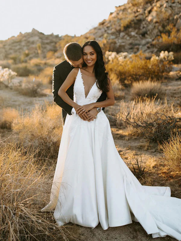 Luolandi Elegant Deep V-neckline Appliqued Satin Chapel Train A-line Wedding Dresses Sexy