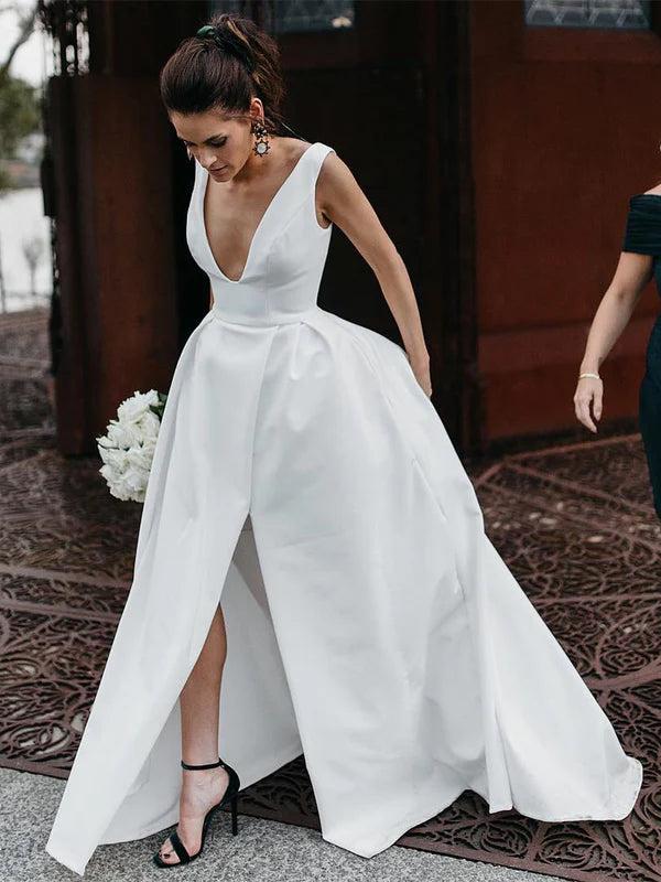 Luolandi Stunning V-neck Satin Wedding Dresses A-line Bridal Gowns Simple Sexy Elegant