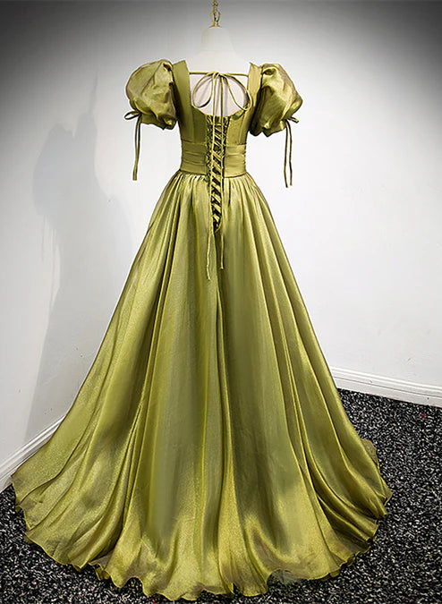 Luolandi Green Short Sleeves Long A-line Prom Dress Lace-up Party Dress Elegant Evening Dress