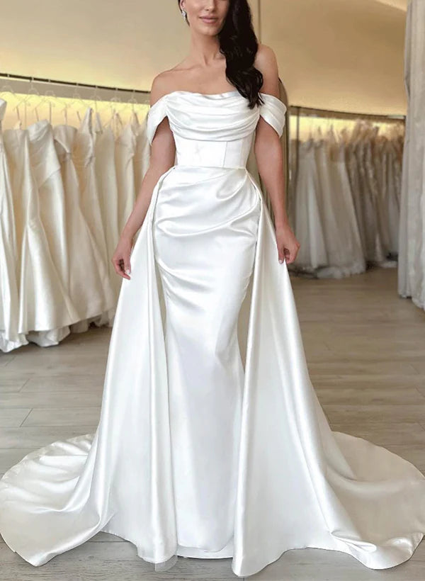 Luolandi Off-The-Shoulder Cowl Neck Satin Wedding Dresses Floor Length Solid Color Simple Elegant