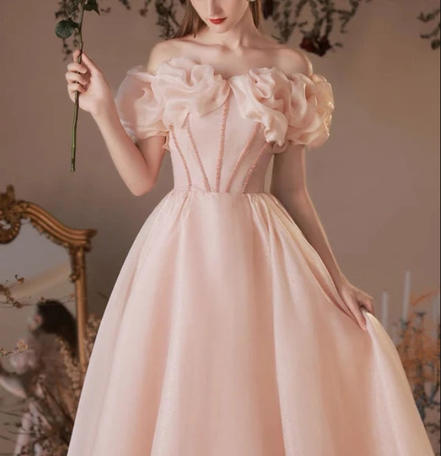 Luolandi Pink Sweetheart Beaeded Short Sleeves Party Dress Formal Dress Off Shoulder Prom Dress