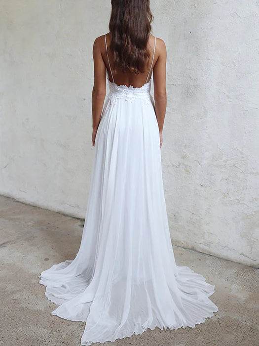 Luolandi A-line Spaghetti Strap Sweep Train Chiffon Appliqued Wedding Dresses Elegant