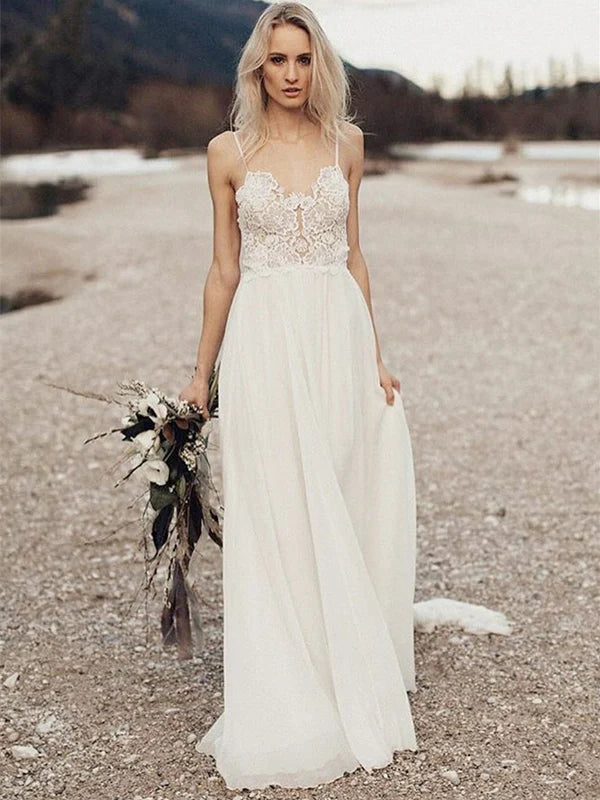 Luolandi Romantic Chiffon Spaghetti Straps Neckline A-line Wedding Dresses Floor Length Charming