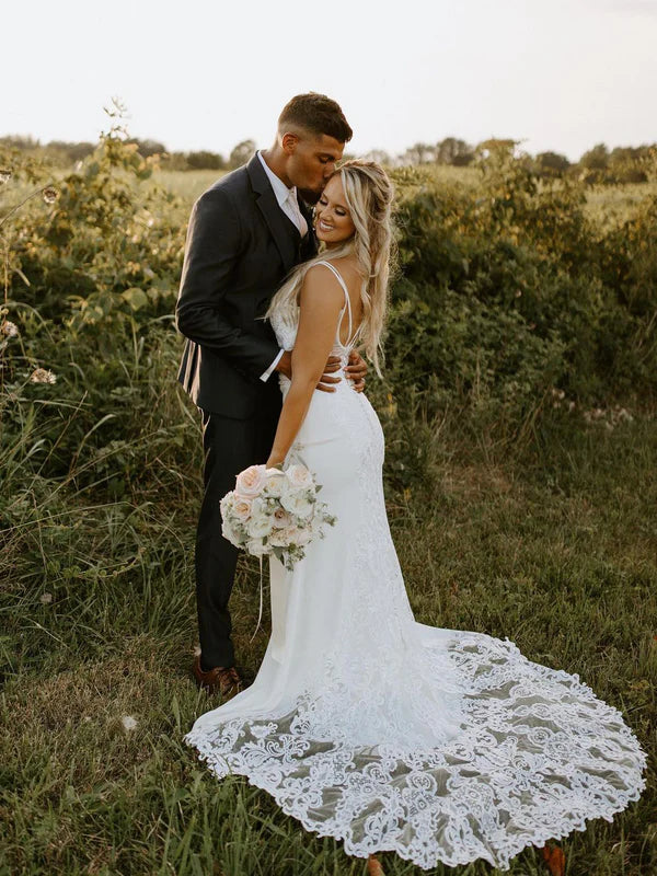 Luolandi Modern Satin Dual Shoulder Straps Neckline Sweep Train Wedding Dresses With Appliques Elegant