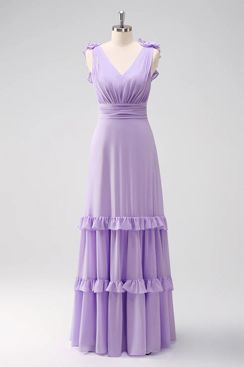 Luolandi Lilac Chiffon A-Line Ruched Bridesmaid Dress with Ruffles Solid Color Floor Length