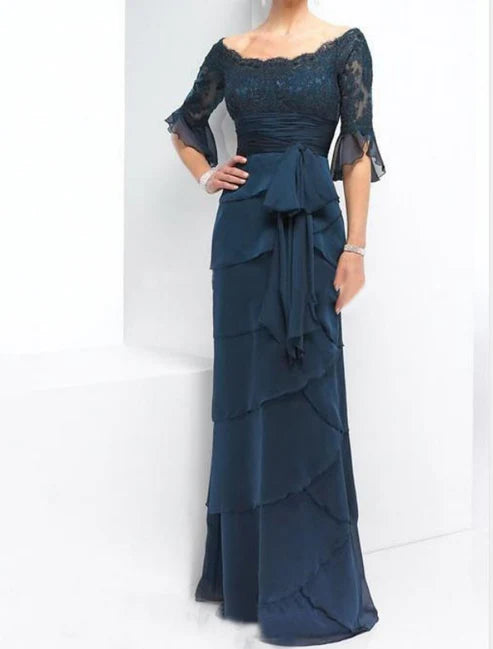 Luolandi A-Line Mother of the Bride Dress Wedding Guest Elegant & Luxurious Off Shoulder Floor Length Chiffon Lace Half Sleeve with Sash / Ribbon Bow(s)