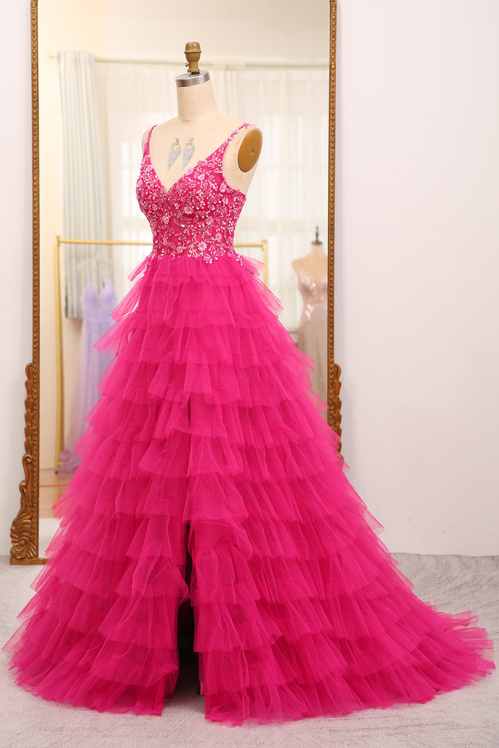 Luolandi Fuchsia A Line Sparkly Beaded Appliques Tiered Long Prom Dress With Slit Beautiful