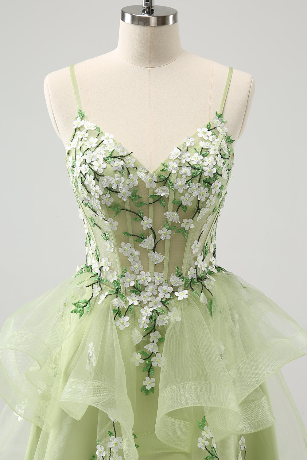 Luolandi Floral Light Green A Line Spaghetti Straps Corset Short Homecoming Dress with Appliqued Flowers