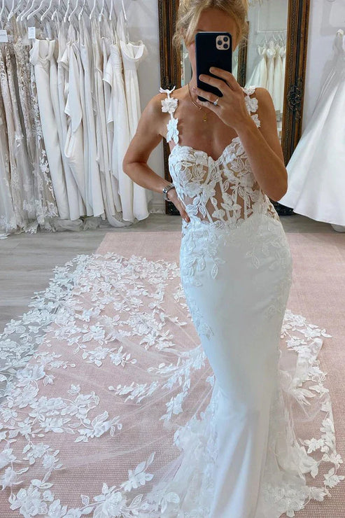 Luolandi Mermaid Sweetheart Floral Straps Satin Wedding Dresses with Appliques Beautiful