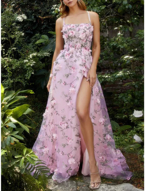 Luolandi Sheath / Column Prom Dresses Floral Dress Wedding Guest Wedding Party Court Train Sleeveless Spaghetti Strap Lace Backless with Slit And Flowers