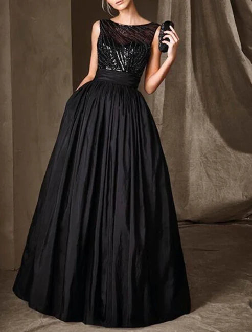 Luolandi A-Line Mother of the Bride Dress Wedding Guest Elegant Sparkle & Shine Jewel Neck Floor Length Taffeta Sequined Sleeveless with Pleats