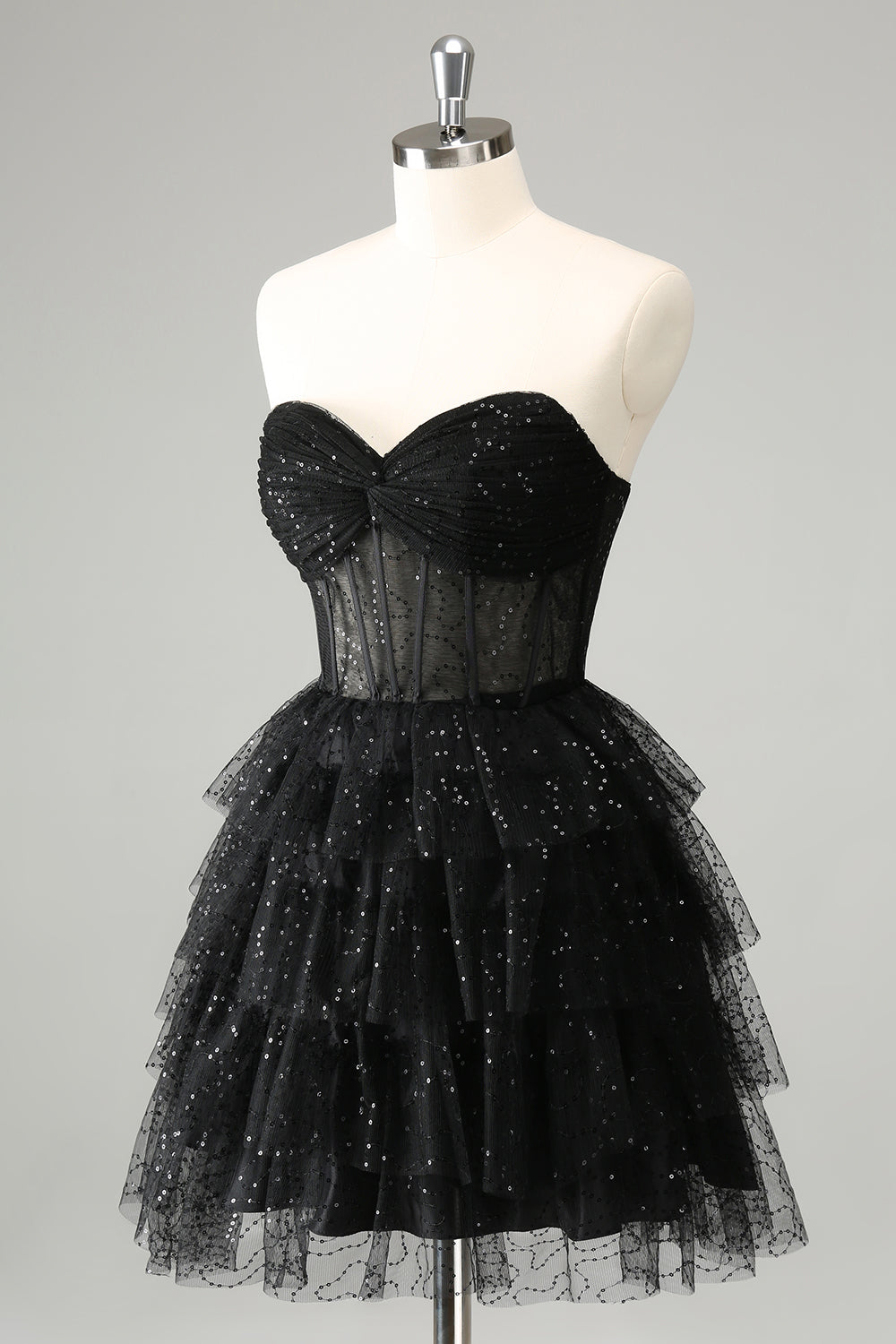 Luolandi Sparkly A Line Black Sweetheart Tiered Corset Cute Homecoming Dress Party Dress