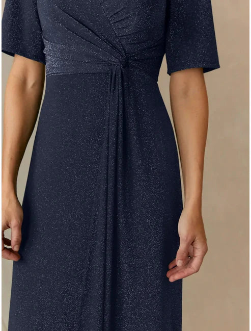 Luolandi A-Line Mother of the Bride Dress Wedding Guest Elegant V Neck Floor Length Chiffon Short Sleeve