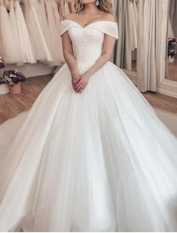 Luolandi Engagement Formal Wedding Dresses Ball Gown Off Shoulder Cap Sleeve Chapel Train Tulle Bridal Gowns With Pleats