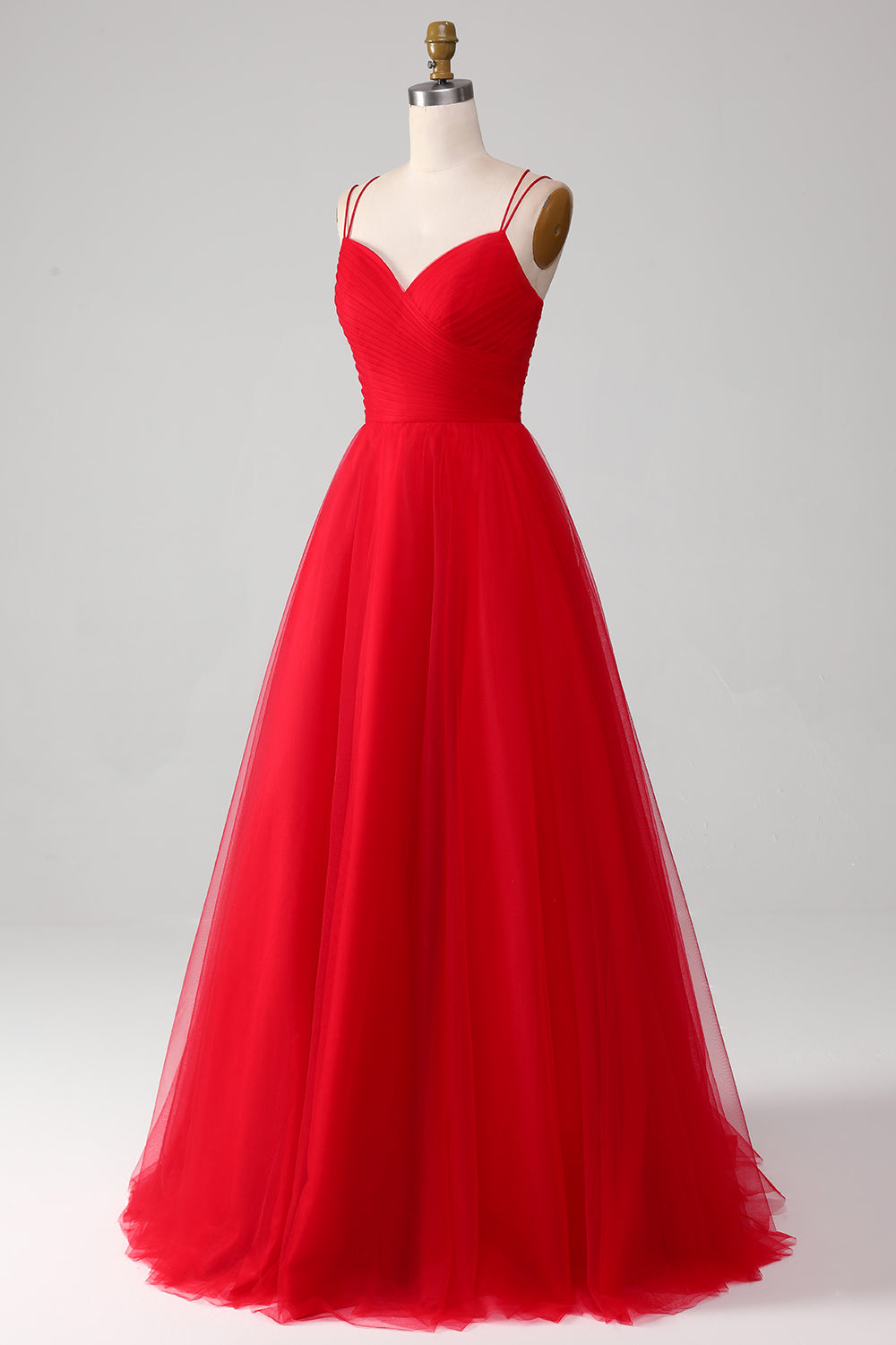 Luolandi Red Ball-Gown/Princess V-Neck Tulle Pleated Long Prom Dress Solid Color