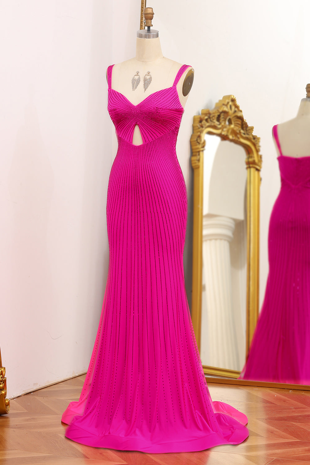 Luolandi Fuchsia Beaded Mermaid V-Neck Long Prom Dress Sparkly Charming Evening Dress
